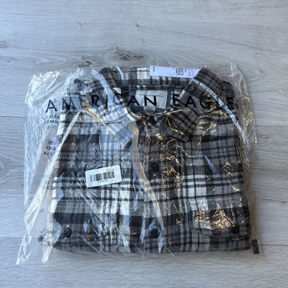 American Eagle Flannel Plaid Shirt‎ Large Grey NWT in packaging - Picture 6 of 8